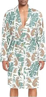 [ZZXXB] Sloth Palm Leaf Pattern Mens Sleepwear Robe Lightweight Nightgown Long Sleeves Spa Bathrobe with Pockets M-XL