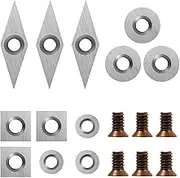 DEEFIINE 18 Pieces Tungsten Carbide Cutters Inserts Set for Wood Lathe Turning Tools Include 11 mm Square with Radius, 12 mm and 8.9 mm Round, 30 x 10 mm Diamond with Pointed Point,6 Pieces screws.