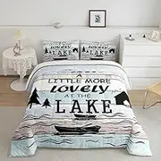 Feelyou Lake Comforter Set Queen Size Kids Rustic Wooden Stripe Lakeside Bedding Set Boys Girls Teens Boat Oar Duvet Breathable Cabin Tree Quilt Blue White Bedroom Decor,1 Comforter with 2 Pillowcase