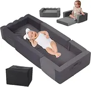 HAHASOLE Toddler Travel Bed, Portable Foldable Toddler Bed, Converts to Two Sofas, Removable Washable Chair Cover and Carrying Handle with Storage Bag (Gray)