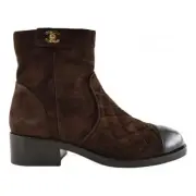 Chanel 20K Black Brown Suede Quilted Turnlock CC Patent Ankle Short Zip Boots 40