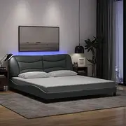 King Size Bed Frame with LED Lights, Dark Grey Fabric, 183x203 cm, Plywood Slats, Headboard Cushion