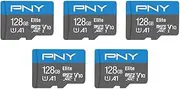 PNY 128GB Elite Mobile Accessories Class 10 U1 V10, A1 microSDXC Flash Memory Card for Mobile Devices - 100MB/s, Full HD, UHS-I, micro SD 5-Pack