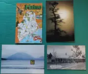 5 Unposted Maine Postcards; Bar Harbor --Fishing Hut, Summit Tree, Cabins, Map