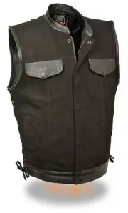 Mens Side Lace Leather Trim Denim Motorcycle Vest Snap & Zipper Front Gun Pocket