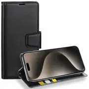 For Apple iPhone 16e Case, Hanman Wallet Leather Flip Magnetic Stand Case Cover (Black)