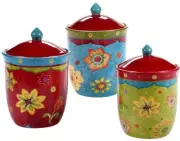 Set of 3 Colorful Canister Kitchen Earthenware Floral Storage Jars, Hand-Painted