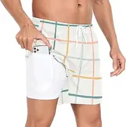 [GuoChe] Swim Shorts for Men Mens 2In1 Running Shorts Crossed Lines Grid with Pockets and Compression Liner Bathing Suit for, Crossed Lines Grid, Small