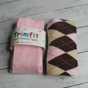 Trimfit Girl's Knit Tights Youth Size 4-6 Pink Brown Argyle