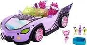 Monster High Toy Car, Ghoul Mobile with Pet and Cooler Accessories, Purple Convertible with Spiderweb Details