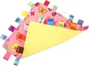 YARNOW 1Pc Plush Taggy Security Blanket for Boy Girl Soft Tactile Soothing Towel with Colorful Satin Ribbons for Crib Travel Comforting Boy Girl