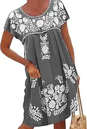 [Melliflo] Mexican Dress for Women Short Sleeve Floral Embroidered Fiesta Dress Loose Linen Peasant Dresses