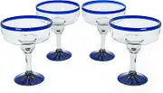 Large Hand-Blown Mexican Margarita Glasses | Authentic Handcrafted Glass From Mexico | Cobalt Blue Rim | Party Set, Perfect for Margaritas, Piña Coladas, Frozen Cocktails, or other Mixed Drinks (4)