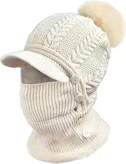 [Dickly] Elastic Winter Ski Mask Cap Neck Scarf with Pompom Windproof Face Mask Knit Balaclava Beanie Hat for Snow Walking Hiking Unisex Backpacking