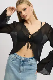 Black Tie Up Front Top Long Sleeve Textured - Size 8XS, Women's Bolero
