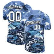 Custom Light Blue White-Black 3D Pattern Design Big Bass Fish Fishing Performanc