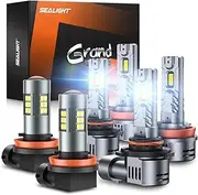 SEALIGHT S2S 9005/HB3 F1 H11 Fog Light Bulb Combo(Pack of 6), 360° Illumination Fog Lights for car, trucks,SUVS, Xenon White, 14000RPM Cooling Fan Front Fog Lamps, Plug-N-Play, Non-polarity