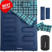 Queen Size 2 Person Double Sleeping Bags with Pillows for Adults, 20 Degree Ligh
