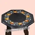 Octagonal Black Marble Bedside Table Inlaid with Semi Precious Stones | Handmade