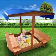 Keezi Kids Sandpit, Wooden Water Table Sand Pit Play Toys Sandcastle Garden Patio Beach Activity Outdoor Toy Games, with Canopy Ground Sheet Foldable Seat White