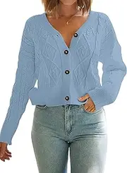 [MEROKEETY] Women's Long Sleeve Open Front Cable Knit Crop Cardigans V Neck Button Sweaters with Pockets
