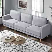 Furb 3 Seater Sofa - Grey Fabric Lounge Sofa, Linen Couch with Cushions, Sofa for Living Room (Natural Wood Legs)