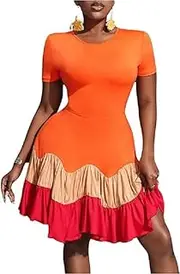 [Generic] Women's Colorblock Short Sleeve Ruffle Hem Casual A Line Mini Dress