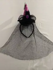 Mini Witch Hat Headband Veil Feather Halloween Costume Party Metallic ￼Purple