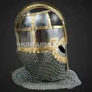 Vintage Steel Brass Helmet Medieval Knight Vendel Viking Helmet with Chainmail