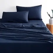 [Wake In Cloud] Navy Blue Sheet Set, 1000TC Ultra Soft Microfiber, Fitted Sheet & Flat Sheet & 2 Pillowcases (4 pcs, King Size)