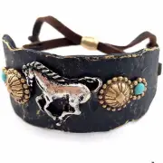 WESTERN GOLD SILVER HAMMERED PLATE HORSES COPPER LEATHER CUFF PATINA BRACELET