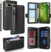 [SunYoo] for Google Pixel 8A Case Leather Wallet with Card Holders Money Slots Wrist Strap for Women Men RFID Blocking Purse for Pixel8A Zipper Coin Pocket Cover Kickstand Folio Flip Case Black