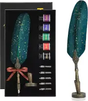 Feather Quill Pen and Ink Set - Antique Calligraphy Dip Pen with Ink, 5 Replacem