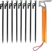 30cm Tent Stakes with Guylines Kit, Heavy Duty Camping Pegs Set for Canopy, Tent & Outdoor Gear (Black Orange)
