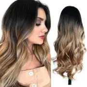 Wigs Ombre Wig Black to Light Brown Side Part Long Wavy Wig Heat Resistant Synth