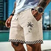 Men's Coconut Tree Check Grid / Plaid Waffle Shorts Sweat Shorts Casual Shorts Mid Waist Hawaiian Vacation Jogging Workout Elastic Drawstring Waist Shorts with