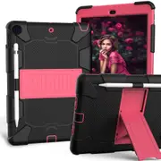 Catzon Silicone+PC Case 3-Layer Anti-fall Protective Cover Tablet Stand For iPad 7 10.2 inch(2019)-5black hotpink