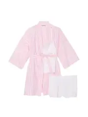 VICTORIA'S SECRET Lightweight Cotton Three-Piece Robe Set Pink/WhiteStripe Large
