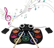 Electric Drum Set Portable Drum Pad Kit 9 Pads Built-in Speaker LED Display Screen Monitoring with Colored Lights 2 Drum Stick 2 Foot Pedals USB or Battery Powered Holiday Birthday Gift Musical