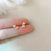 Tiny Gold Ginkgo Biloba Pearl Pave Cubic Zirconia Stud Earrings