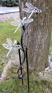 Balancing Rocking Metal Triple Dragonfly Yard Stake Glass Ball Wind Spinner