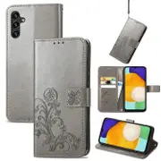 For Samsung Galaxy A13 5G Case Four Leaf Folio PU Leather Wallet Cover, Grey
