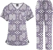 [Meichoon] Scrubs Set for Women Medical Uniform Set V-Neck Cartoon Print Short Sleeve Top with Pockets and Adjustable Loose Pants Lightweight Breathable