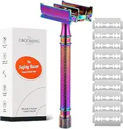 THE GROOMING SOCIETY Butterfly Safety Razor with 10 Double Edge Razor Blades Single Blade Safety Razors for Men & Women Metal Eco-Friendly Zero Waste - Rainbow Color