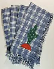 Southwestern Cacti Fabric Napkins Blue Plaid Set of 4 Fringe Edge NEW Tags