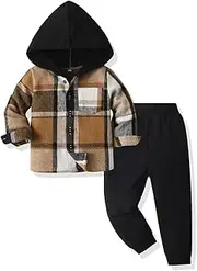 [Yanmucy] Toddler Baby Boys Clothes Outfit 2PCS Cotton Plaid Boy Hoodies Shirt Tops +Pants Set Little Boys Sweatsuit Suit Kids Tracksuit Spring Fall Winter Clothing Set