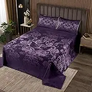 Adults Damask Gothic Bedspread Set Antique Victorian Quilt Set Single,Vintage Floral Goth Coverlet Set Boho Sun and Moon Quilted,Tree of Life Bohemian Baroque Decor,Purple Lilac