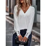 Women's Blouse Solid Color Stylish Casual Long Sleeve V Neck Regular Tops Daily Buttons Black White Wine Army Green Navy Blue Summer Spring