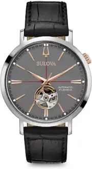 Bulova Men'S Classic Aerojet 3-Hand Automatic Leather Strap Watch, Open Aperture