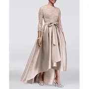 A-Line Mother of the Bride Dress Wedding Guest Elegant Plus Size High Low Jewel Neck Asymmetrical Satin Lace 3/4 Length Sleeve with Sash / Ribbon Appliques fre